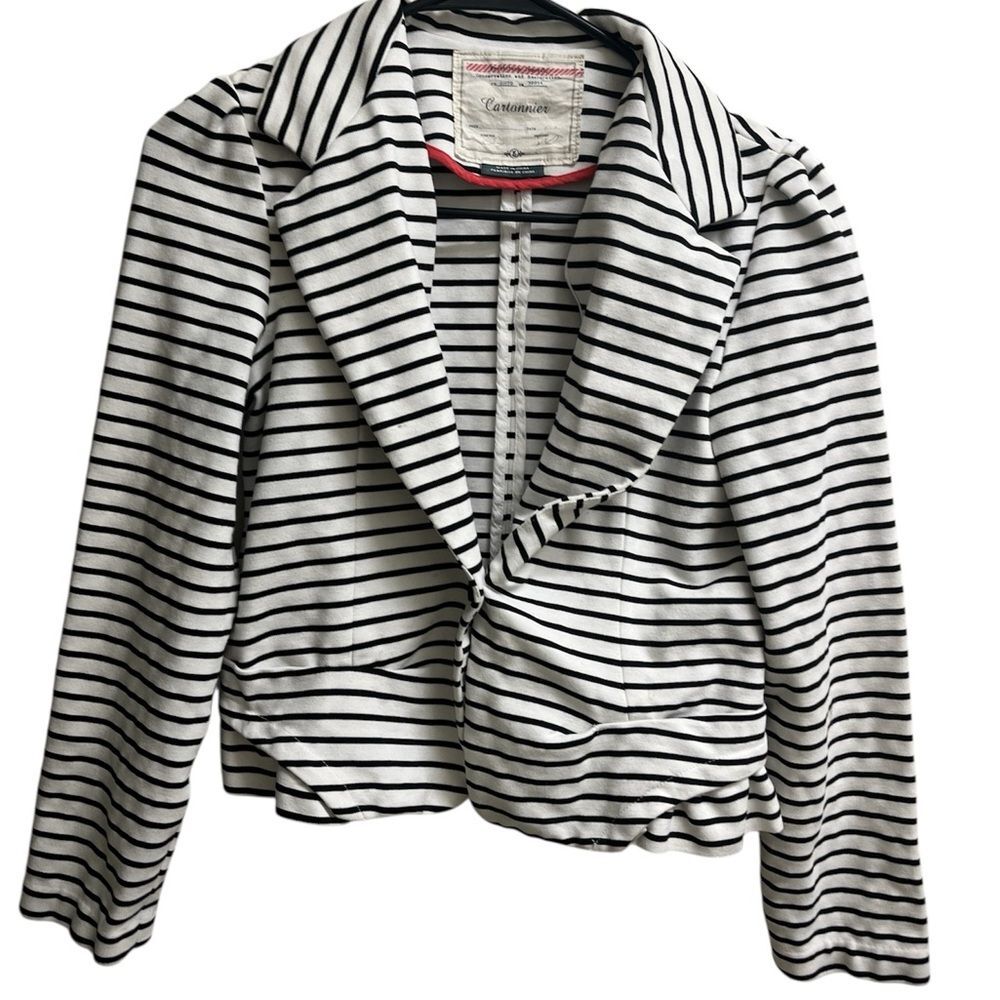 Anthropologie Cartonnier Cropped Black White Striped Sweater Blazer SZ XS - Picture 2 of 4
